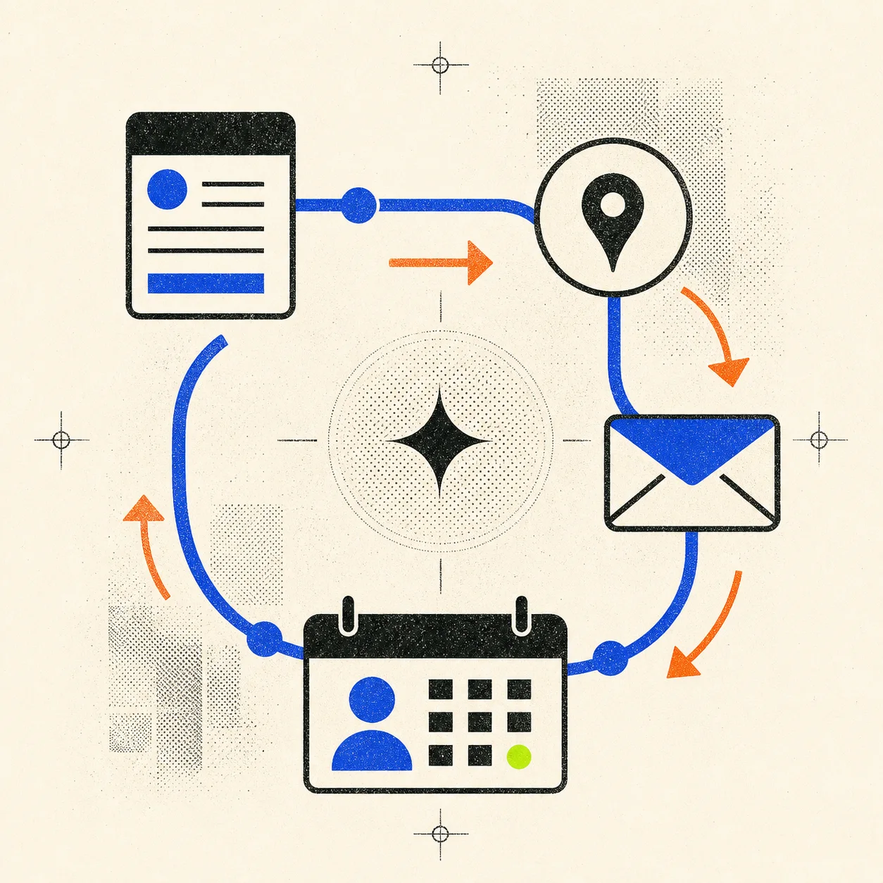 Editorial illustration of a lead moving through tracking, follow-up, and scheduling