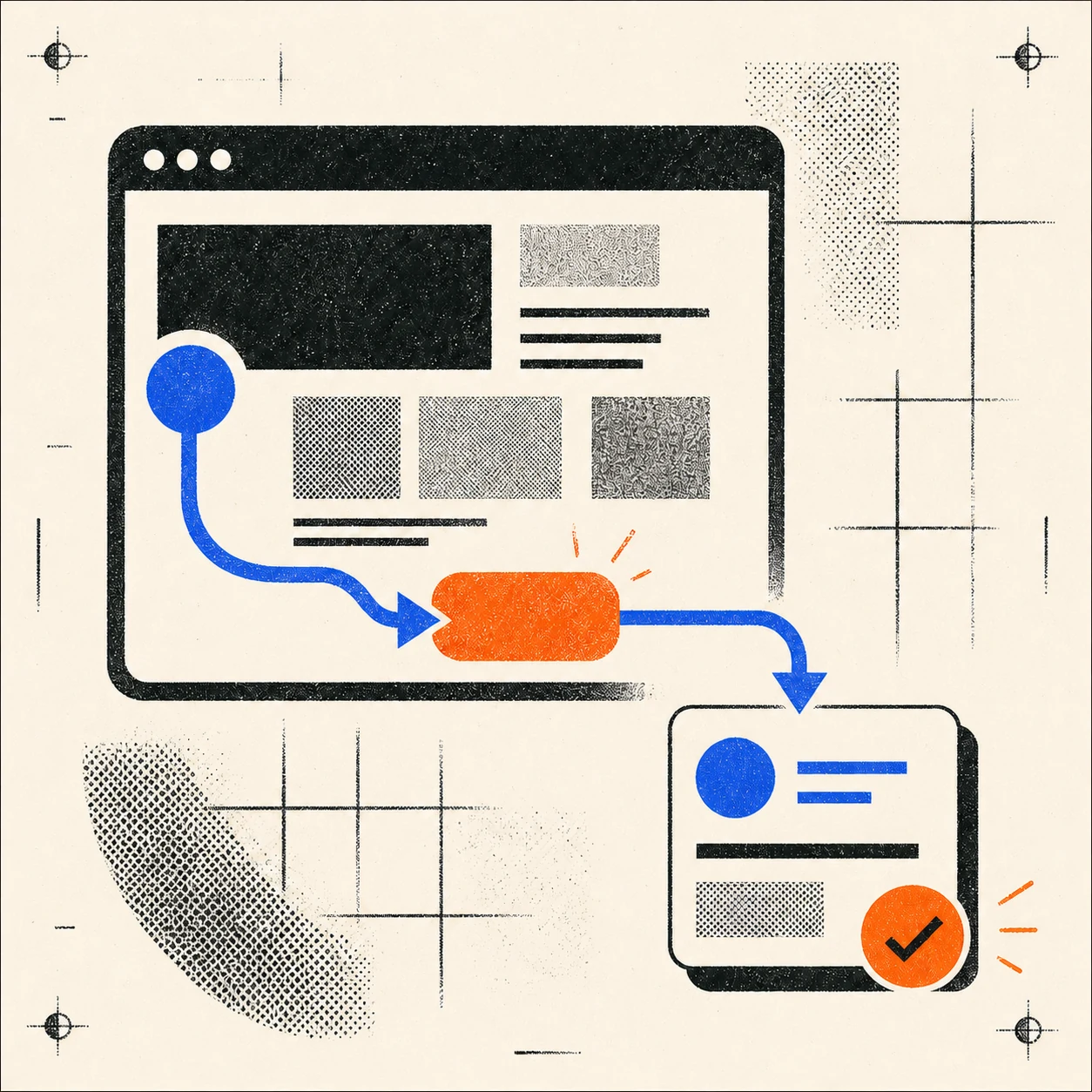 Editorial illustration representing a website and marketing system creating qualified demand